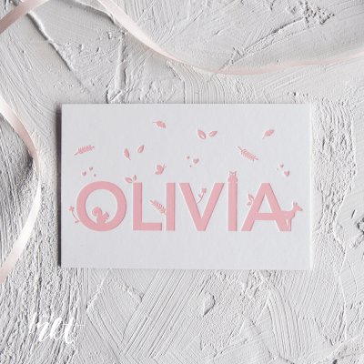 Letterpress geboortekaartje met naam en diertjes - Olivia