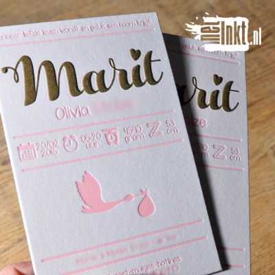 Letterpress geboortekaartje ooievaar Marit