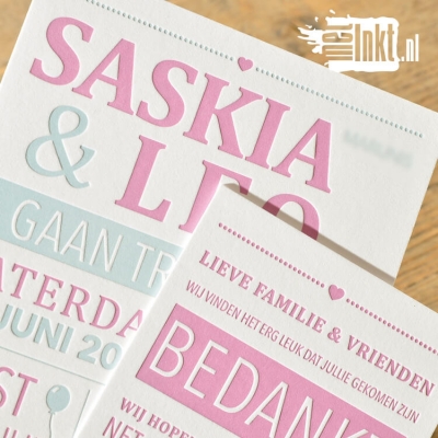 Letterpress trouwkaart Saskia en Leo